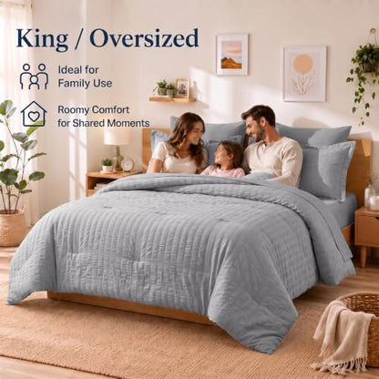 CozyLux Oversized King Comforter Set 120x98 in, 7-Piece Grey Seersucker