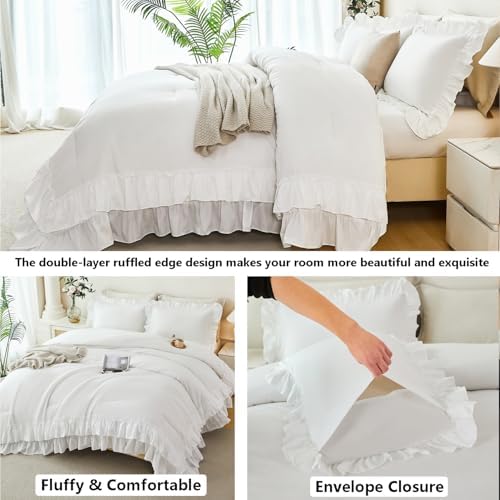 ANGIYUIN White Full Ruffle Comforter Set 5Pcs Bed in A Bag with Sheets