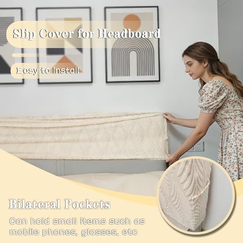 Stretch Headboard Cover Queen/King with 2 Side Pockets, Headboard Slipcover Removable & Washable, Elastic Dustproof Slip Cover for Bed Head Décor Protector