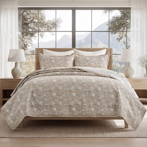EverGrace 100% Cotton Floral Quilt Set, King Size, Sandstone Beige 108"×96"