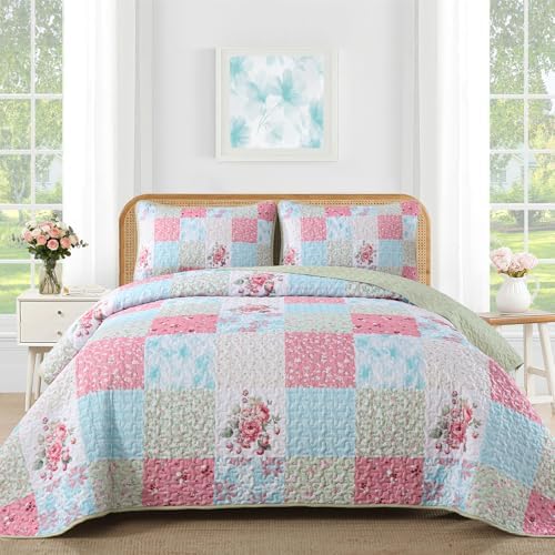 Mybedsoul Boho Quilts Queen Size, Patchwork Bedding Set, Blue Pink