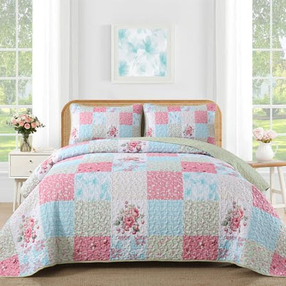 Mybedsoul Boho Quilts Queen Size, Patchwork Bedding Set, Blue Pink