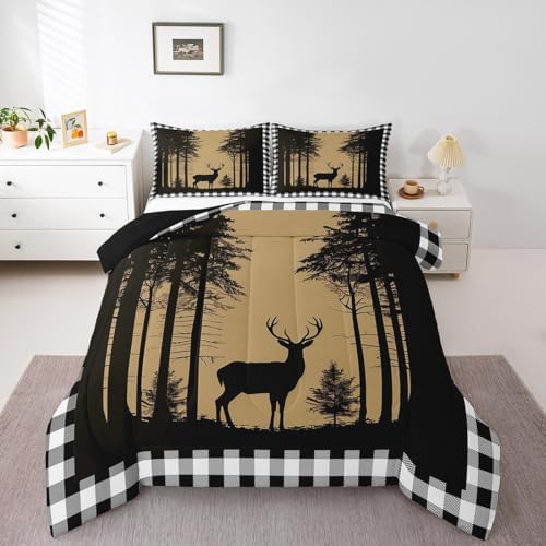 Erosebridal Deer Hunting Down Comforter for Kids, Rustic Elk Moose Quilt Queen Size, Black White Checkered Plaid Bedding Set Country Farmhouse Tree Comforter Set for Boys Teens Adult Bedroom Decor