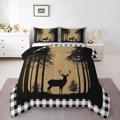 Erosebridal Deer Hunting Down Comforter for Kids, Rustic Elk Moose Quilt Queen Size, Black White Checkered Plaid Bedding Set Country Farmhouse Tree Comforter Set for Boys Teens Adult Bedroom Decor