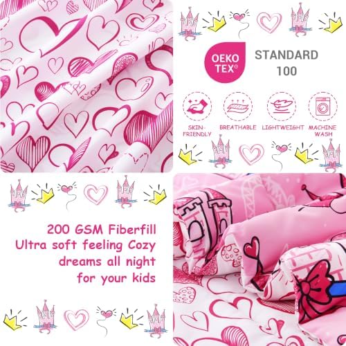 Mooreeke Toddler Bedding Sets for Girls,4 Pieces Pink Castle Love Printed