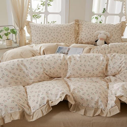 mixinni Beige Floral Duvet Cover Twin Size, 100% Cotton Cute Strawberry Floral Ruffle Bedding Set, Vintage Cottagecore Reversible Tan Gingham Aesthetic 3PC with Zipper Closure & Pillowcases
