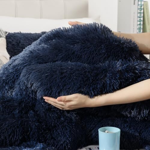 Smoofy Fluffy King Size Comforter Set Navy Blue Faux Fur Comforter Set 3Pcs
