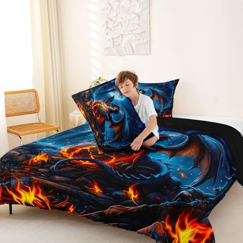 Feelyou Blue Black Dragon Bedding Set Soft for Boys Girls, Wild Animal Comforter Set King Size Mysterious Dragon Egg Duvet Quilt Microfiber Gothic Magic Bedroom Decor 3 Pcs with 2 Pillow Cases