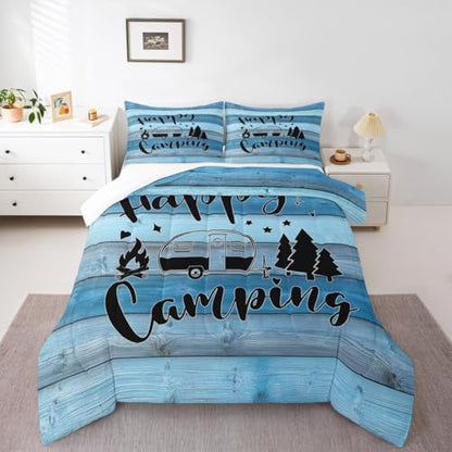 Camping Comforter Set Full Size,Wooden Plank Pine Trees Rustic Farmhouse Bedding Set 3pcs for Kids Boys Girls Adults,RV Trailer Camper Decor Down Comforter,Blue Retro Duvet Insert,2 Pillowcases