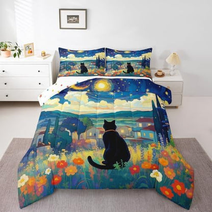Flower Cat Comforter Set King Size,Swirl Starry Sky Moon Duvet Insert for Kids Girls Boys Adults Room Decor,Blossom Flower Rustic Style Bedding Set 3Pcs,Nature Scenery Quilt Set,2 Pillowcases