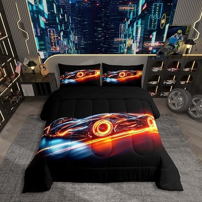 Erosebridal Boys Race Car King Bedding Set Kids Racing Car Comforter Extreme Sports Bed Set for Teens Cool Car Room Decor Car Sports Quilt Set 1 Comforter Set with 2 Pillowcases,Black Blue Orange