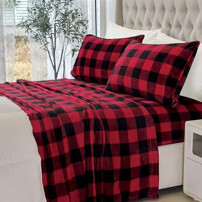 Elegant Comfort Luxuriously Soft 4-Piece Velvet Plush Flannel Sheet Set - Premium Quality - Cozy Warm, Anti-Static, Non Pilling Fuzzy Velvet Flannel Fleece Deep Pocket Sheet Set - Full, Buffalo Red