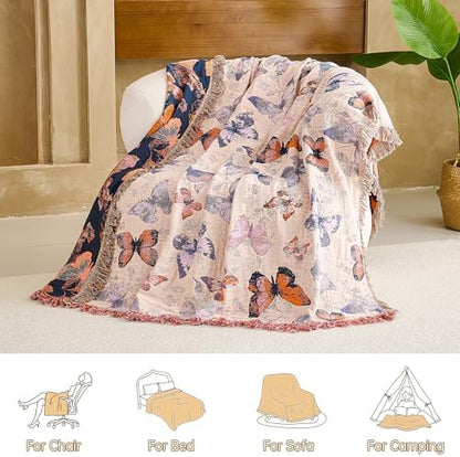 VANJOROY Boho Throw Blanket, 100% Organic Cotton Breathable Ultra Soft 60" x 80" Bed Quilt Throw - All Season Floral Rustic Farmhouse Decor Luxury Reversible Blanket for Sofa Couch Chair and Gift