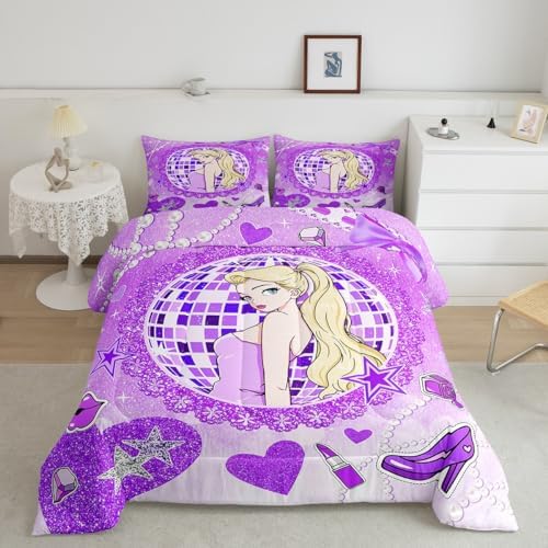 Girly Princess Kids Comforter Set Queen Size,High-heeled Shoes Lip Bowknot Romantic Bedding Set,Girls Women Room Decor,Glitter Sequin Diamond Down Comforter,Purple Dreamy Duvet Insert,2 Pillowcases