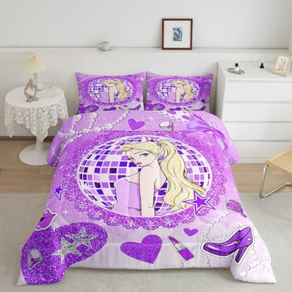 Girly Princess Kids Comforter Set Queen Size,High-heeled Shoes Lip Bowknot Romantic Bedding Set,Girls Women Room Decor,Glitter Sequin Diamond Down Comforter,Purple Dreamy Duvet Insert,2 Pillowcases