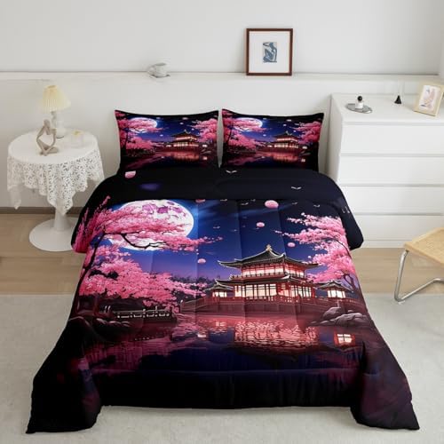 Pink Cherry Blossoms Comforter Set King Size,Japanese Style Building View Bedding Set for Kids Girls Women Men Bedroom Decor,Night Moon Quilt Set Romantic Exotic Duvet Insert,2 Pillowcases