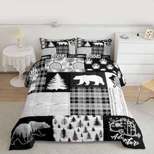 Bear Plaids Comforter Set Full Size,Pine Trees Animals Hunting Bedding Set for Kids Boys Girls Adults Room Decor,Adventure Rustic Farmhouse Down Comforter,Black Retro Duvet Insert,2 Pillowcases