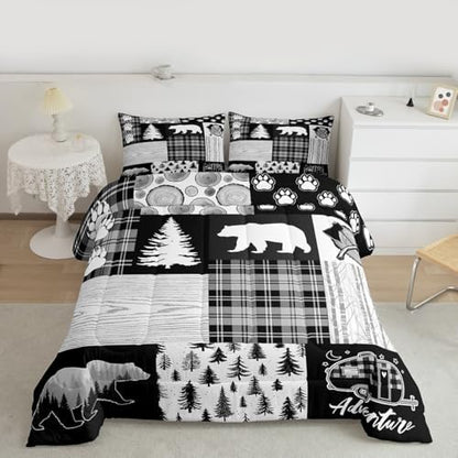 Manfei Bear Plaids Comforter Set Twin Size,Pine Trees Animals Hunting Bedding Set for Kids Boys Girls Adults Room Decor,Adventure Rustic Farmhouse Down Comforter,Black Retro Duvet Insert,1 Pillowcase