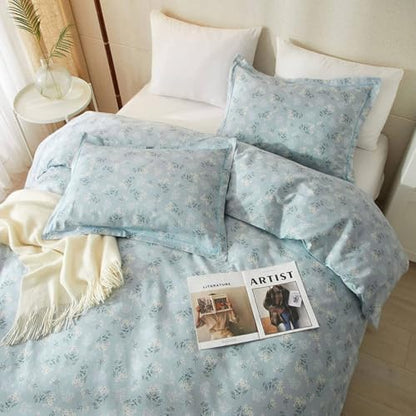 Garden Style Boho Floral Comforter Set Queen Size Fluffy Soft Botanical Blue Flowers Leaves Floral Bedding Comforter Set for Girls Women Vintage Flowers Comforter with 2 Pillowcases All Seasons