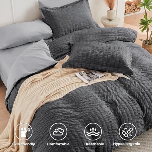 HYMOKEGE Dark Grey/Light Grey California King Comforter Set Seersucker 7 Pieces, All Season Luxury Bed in a Bag for Bedroom, Bedding Set with Comforter, Sheets, Pillowcases & Shams