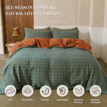 Simple&Opulence Muslin Duvet Cover Set King Size, 100% Washed Cotton 3 Pieces Yarn-Dyed Vintage Teal Green Floral Jacquard Textured Bedding, Soft Breathable Gauze Comforter Cover with Zipper Closure