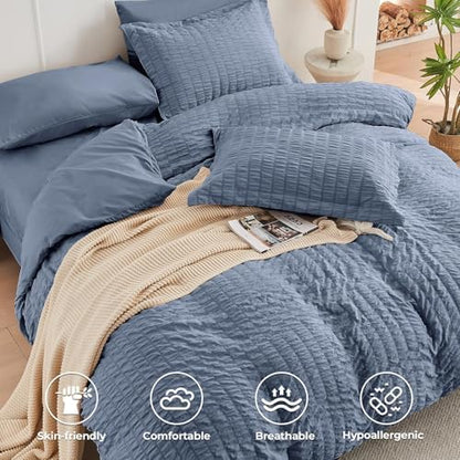 HYMOKEGE Nordic Blue Twin Comforter Set Seersucker 5 Pieces, All Season Luxury Bed in a Bag for Bedroom, Bedding Set with Comforter, Sheets, Pillowcase & Sham