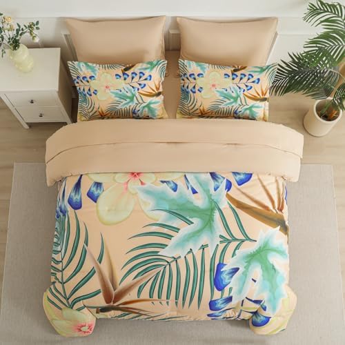 Yogeneg 7 Piece Bed in a Bag Queen Size Comforter Set Khaki Bedding Set,Yellow Floral Green Leaves Pattern Reversible Design,Soft Microfiber Comforter with Sheet Set,All Season(Khaki,Queen)