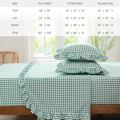 Gingham Queen Sheet Set, Lightweight Super Soft Brushed Microfiber Plaid Bed Sheets with 16" Deep Pocket, 4 Piece Ruffle Farmhouse Bedroom Decor, Green