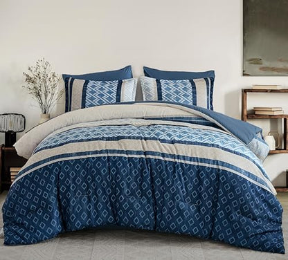 Cottolester Queen Comforter Set 7 Pieces Blue Boho Striped Bed in a Bag