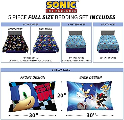 Franco Kids Bedding Super Soft Comforter and Sheet Set, 5 Piece Full Size, Sonic the Hedgehog