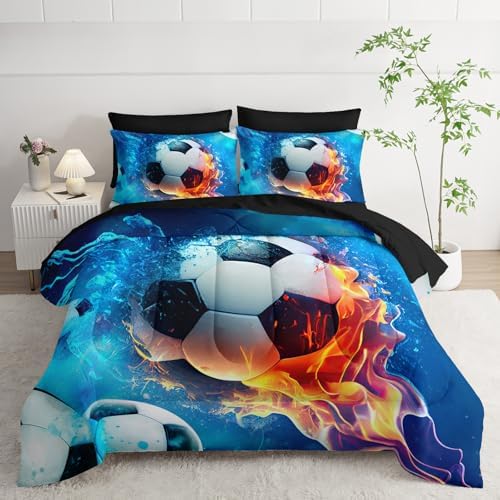 AILONEN Kids Soccer Comforter Set Queen Size,7-Piece Soft Bed in a Bag,Ice and Fire Sport Boys Soccer Comforter & Fitted Sheet with Flat Sheet & 2 Pillowcases,2 Pillow Shams for Bedroom