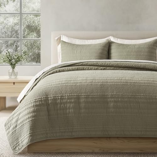EVERGRACEHOME 100% Cotton Modern Lines Quilt Set King Size, Light Sage