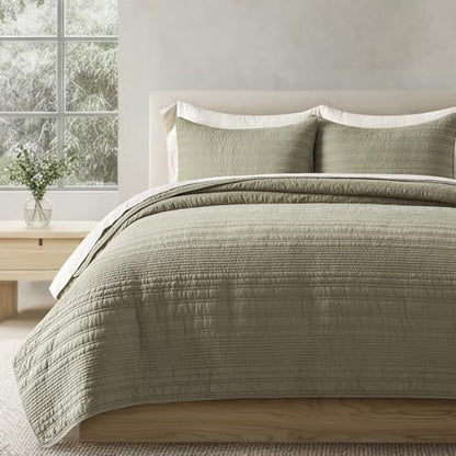EVERGRACEHOME 100% Cotton Modern Lines Quilt Set Queen Size, Light Sage