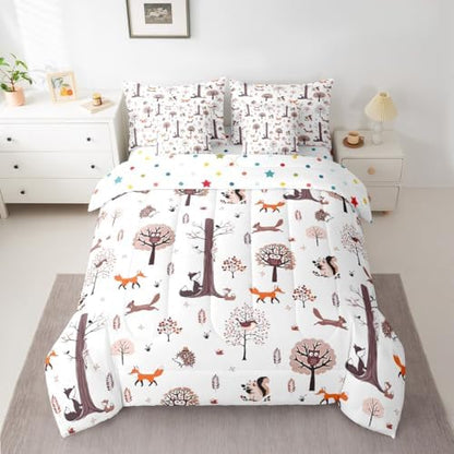 Feelyou Wild Animal 7 Piece Bedding Set Fox Squirrel Owl Comforter Set with Sheets for Kids Boys Girls White Brown Bed in a Bag Cute Animal Bed Set Soft Lightweight