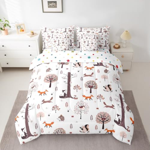 Feelyou Wild Animal 7 Piece Bedding Set Fox Squirrel Owl Comforter Set with Sheets for Kids Boys Girls White Brown Bed in a Bag Cute Animal Bed Set Soft Lightweight
