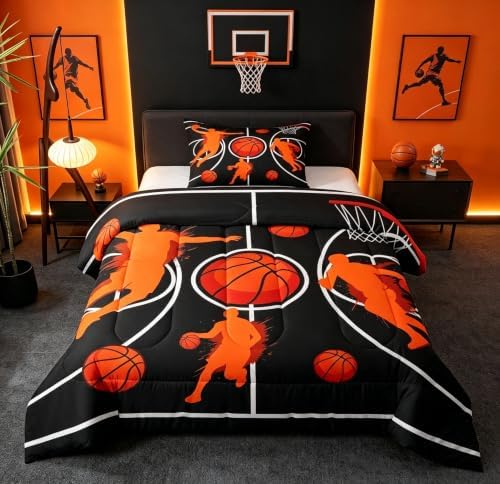 Basketball Court Comforter Set Twin Size,Ball Sport Games Theme Bed in a Bag 2Pcs for Kids Girls Boys Teens Room Decor,Basketball Hoop Sports Duvet Insert Geometric Lines Down Comforter,1 Pillowcase