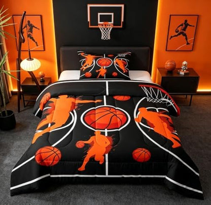 Basketball Court Comforter Set Toddler Size,Ball Sport Games Theme Bedding Sets 2Pcs for Kids Girls Boys Room Decor,Basketball Hoop Sports Quilted Duvet Geometric Lines Down Comforter,1 Pillowcase