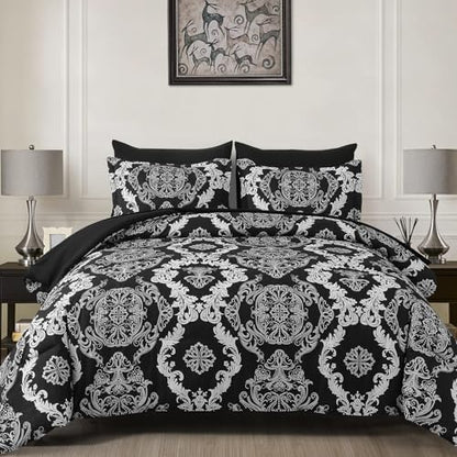WONGS BEDDING 7 Pieces Comforter Set King Size, Black White Texture Bedding Set for All Season, Damask Soft and Breathable Bed in a Bag with Comforter, Flat Sheet, Fitted Sheet, Pillowcases & Shams