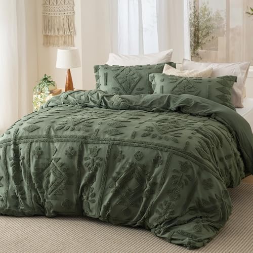 Bedsure Boho Duvet Cover Queen, Vintage Tufted Bedding,3-Piece, Olive Green