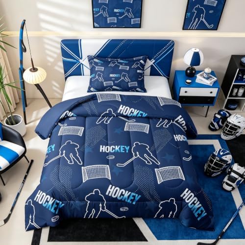 Ice Hockey Player Bedding Sets Toddler Size,Modern Minimalist Trendy Sport Comforter Set 2Pcs for Kids Girls Boys Room Decor,Navy Blue Quilted Duvet Athlete Silhouette Down Comforter,1 Pillowcase