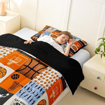Boy Basketball Comforter Set Twin Size,Ball Sport Games Bedding Sets 2Pcs for Girls Boys Teens Room Decor,Basketball Player Silhouette Duvet Insert Modern Patchwork Plaid Down Comforter,1 Pillowcase