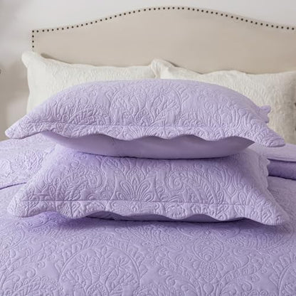 HoneiLife Queen Quilt Bedding Set - Microfiber Quilt Sets for Queen Bed, 3-Piece Lightweight Bedspreads,Reversible Coverlets Rustic Bedlinen Sets, Floral Bedding Set All Season Quilts-Light Purple
