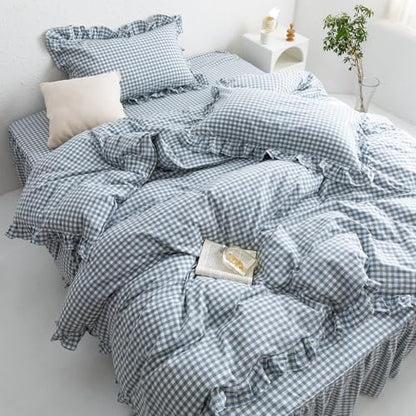 mixinni Blue White Gingham Ruffle Duvet Cover Twin Size 3 Pieces – 100% Washed Cotton, Vintage Plaid Ruffled Bedding Set with Zipper Ties, Soft Checkered Grid Farmhouse Chic Comforter Cover Set