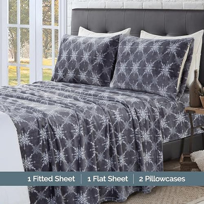 Elegant Comfort Luxuriously Soft 4-Piece Holiday Velvet Plush Flannel Sheet Set - Premium Quality - Cozy Warm, Christmas Fuzzy Velvet Flannel Fleece Deep Pocket Sheet Set - Cal King, Gray Snowflake