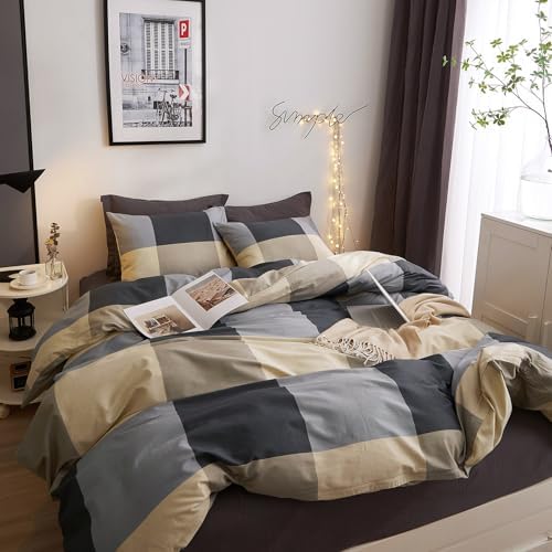 Cotton Plaid Duvet Cover Set Queen, 3 Piece Retro Plaid Checkered Comforter Cover, Geometric Print Soft & Breathable Duvet Cover with Zipper Closure Grid Farmhouse Checkered Bedding Set for All Season