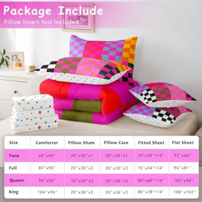 Feelyou Multicolored Checkered Retro 7 Piece Bedding Set Kids Boys Girls Geometric Vintage Comforter Set with Sheets Twin Size Black Red Purple Bed in a Bag Modern Simple Groovy Aesthetic Room Decor