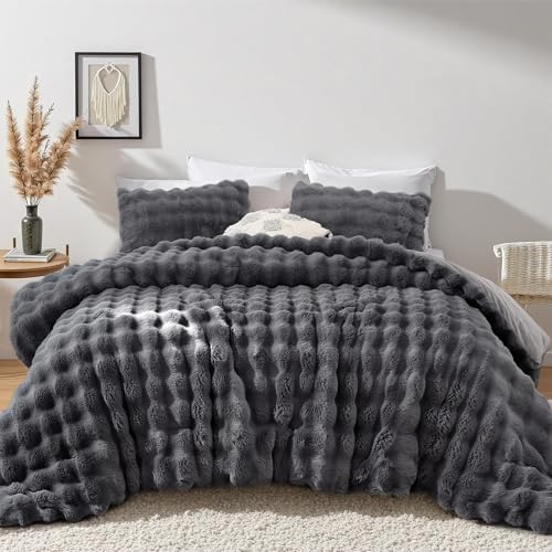 YIKUSH King Faux Fur Comforter Set, Fluffy Dark Gray Rabbit Fur Comforter