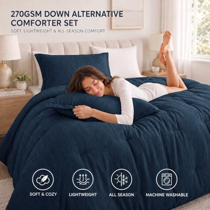 CozyLux Oversized King Comforter Set 120x98, Heathered Navy Blue, 3 Pieces