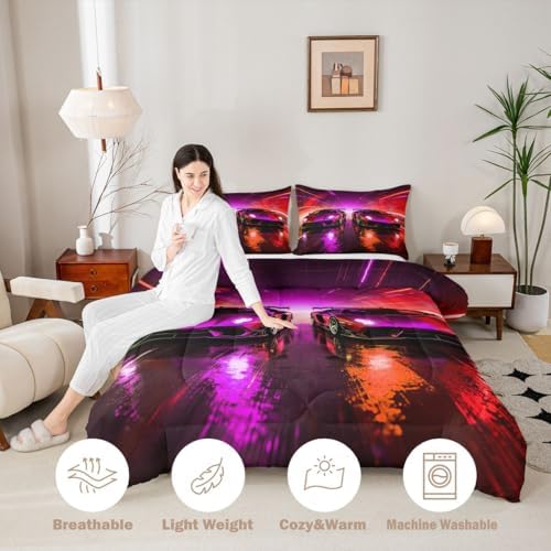 Feelyou Boys Sports Car Comforter Set Queen Size Racing Car Bedding Set for Kids Boys Girls Speed Race Sports Duvet Quilt Racing Extreme Sports Bedroom Decor Microfiber 3 Pcs with 2 Pillow Cases