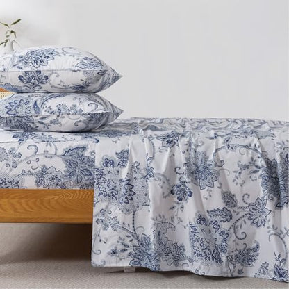 FADFAY Cal King Sheets Set Percale Cotton Floral Bed Sheets Deep Pocket Fitted Sheet, Luxury Blue Floral Pattern Classic European Style Bedding for All Season,Super Soft Crisp & Breathe,4Pcs